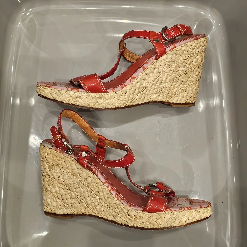 COACH Red Wedge Espadrille Sandals